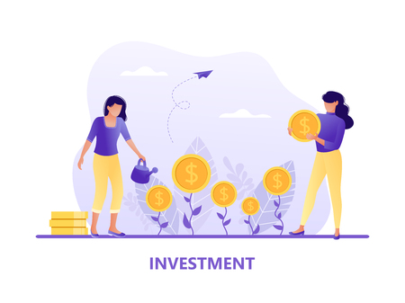 Investment. People grow coins, money. Business success. Flat concept vector illustration for web page, website and mobile, isolated on white.のイラスト素材