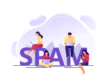 Spam - young men and women using laptop, tablets near letters SPAM. Receiving spam, unsolicited emails, inappropriate messages distribution system. Flat concept vector illustration.のイラスト素材