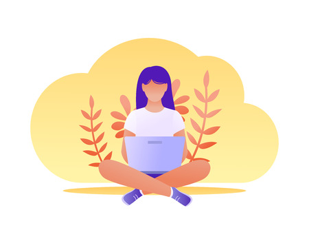 Young woman sitting on the floor with laptop. Freelance, working from home, distance education, shopping online, surfing the internet. Flat vector illustration.のイラスト素材