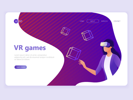 Landing page template. VR gaming, Video gaming, online games. Woman with VR glasses. Flat vector illustration concepts for a web page or website.のイラスト素材