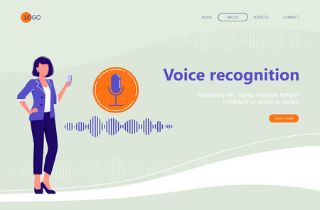 Web landing page template. Microphone button with sound imitation line. Personal assistant and voice recognition. Modern technologies. Flat vector illustration.のイラスト素材
