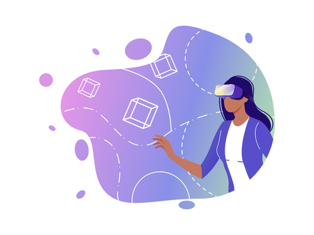 Virtual reality. VR gaming, video gaming, online games. Woman with VR glasses. Flat vector concept illustration isolated on whiteのイラスト素材