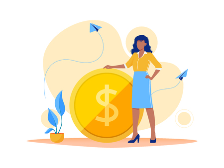 Earning, saving and investing money. Businesswoman is standing near a big dollar coin. Flat vector concept illustration for website, banner, flyer. Isolated on whiteのイラスト素材