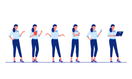 Set of business characters poses and actions. Businesswoman is standing in different poses. Flat vector illustration