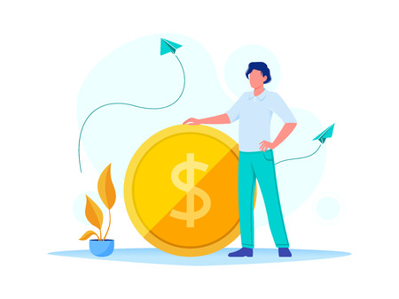 Earning, saving and investing money. Businessman is standing near a big dollar coin. Flat vector concept illustration for website, banner, flyer. Isolated on whiteのイラスト素材