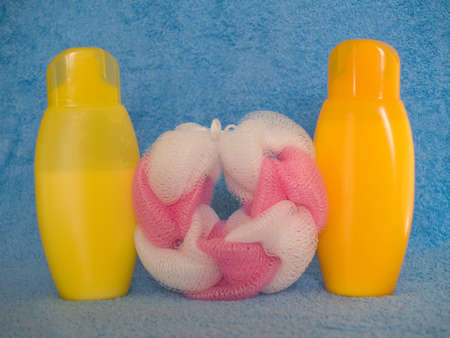 bath sponge and shampooの写真素材