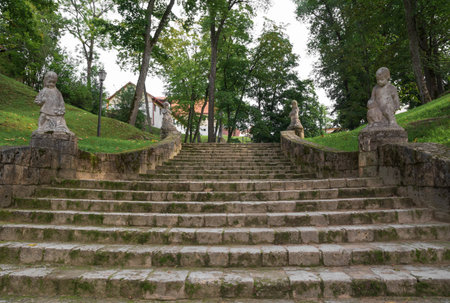 Old stairs in central park of Cesis town, Latvia.の写真素材
