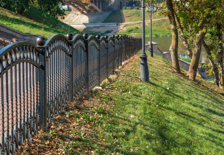 Black decorative metal fence wall made of iron bars.の写真素材