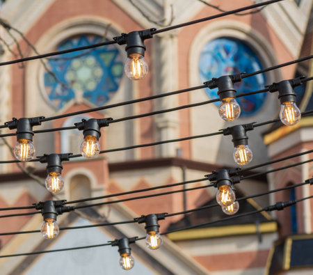 Group switched lighting bulbs .Street decoration.