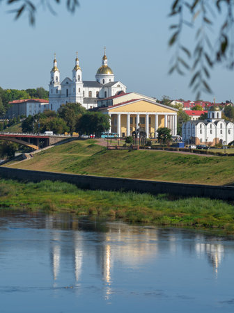 Landscape of Vitebsk, Belarus. Christian cathedral on mountain and river Dvina.