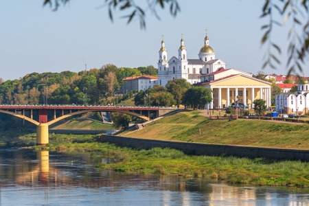 Landscape of Vitebsk, Belarus. Christian cathedral on mountain and river Dvina.の写真素材