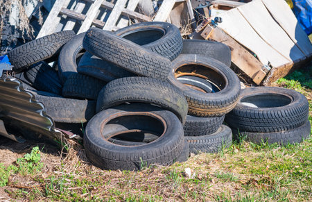 many used old tires in outdoor.の写真素材