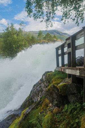 Norway waterfall landscape on a summer day.の写真素材