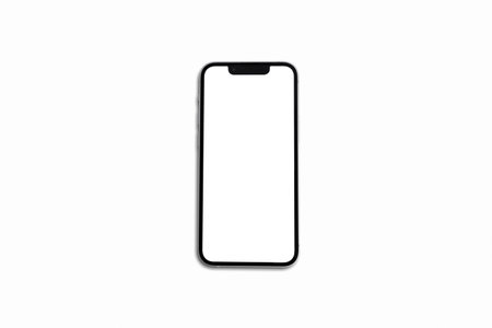 Concept for brochure and advertisement. A phone with white display and shadow included, on isolated white background.の写真素材