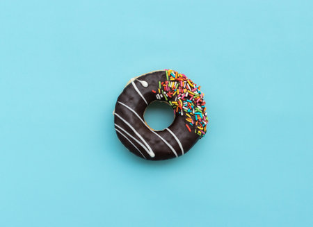 Messy chocolate doughnut isolated on blue background, after some edits.の写真素材