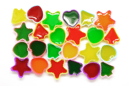 colorful gelatin or jelly dessert isolated on white backgroundの写真素材