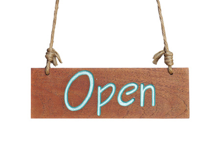wooden sign with open word isolated on white backgroundの写真素材