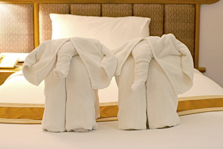 elephant shaped of towel on the bedの写真素材