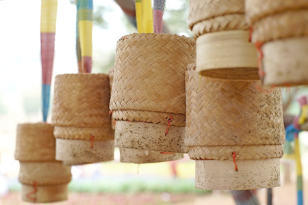 kratib, bamboo wooden rice box for sticky riceの写真素材