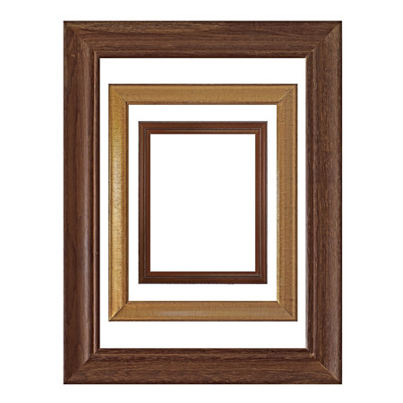 wooden empty picture frames isolated on white backgroundの写真素材