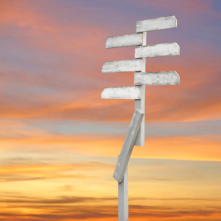 wooden direction sign with blank spaces for text on beautiful twilight background