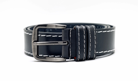 leather men's belt with silver buckle isolated on white backgroundの写真素材