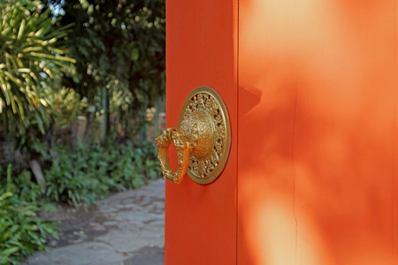 closeup of old chinese style door handleの写真素材
