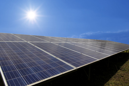 solar panel, photovoltaic alternative electricity with beautiful sky backgroundの写真素材