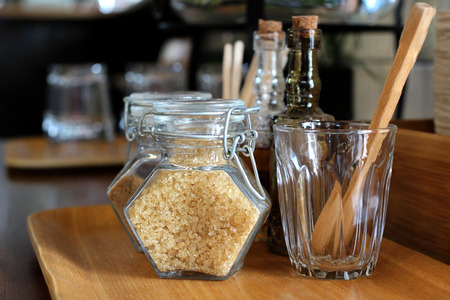 many kinds of sugar for coffee in the glass bottleの写真素材