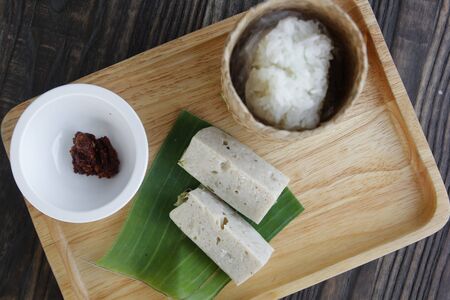 Thai food, Vietnamese pork sausage with red hot chili dip and sticky rice