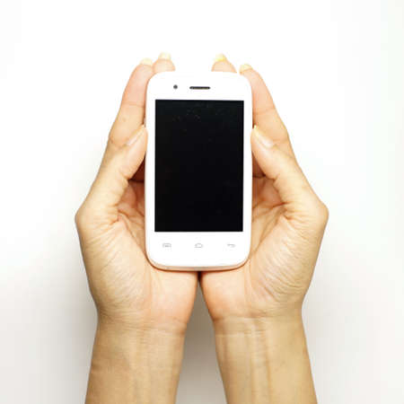 woman hand hold phone isolated on white background