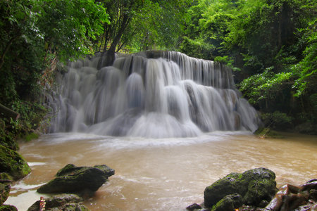 landscape photo, beautiful waterfall in green forest