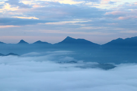 landscape photo, misty mountain hills in the morning