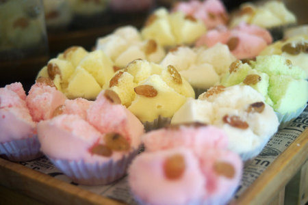 thai dessert, muffin thai cup cake or cotton wool cake on buffet lineの写真素材