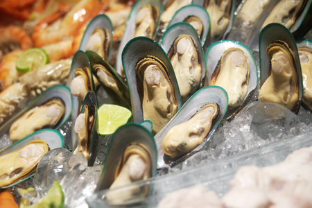 fresh mussels on buffet line in restaurant