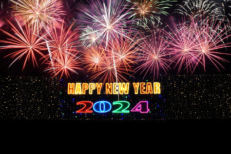 Happy New Year 2024 illuminated sign with firework background
