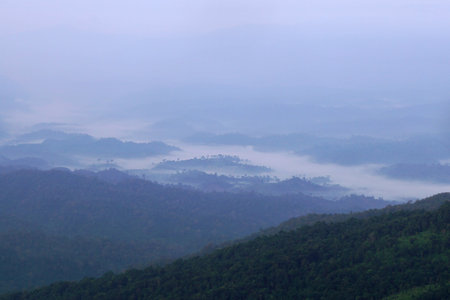 landscape photo, misty mountain hills in the morningの写真素材