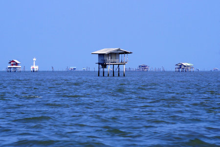 hut of fishermen for fishing in the seaの写真素材