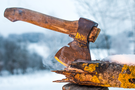 axe in a tree in winterの写真素材
