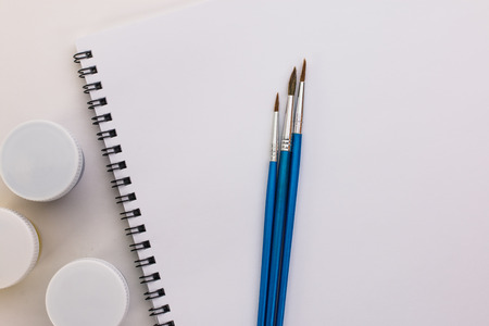 gouache and brushes on a white backgroundの写真素材