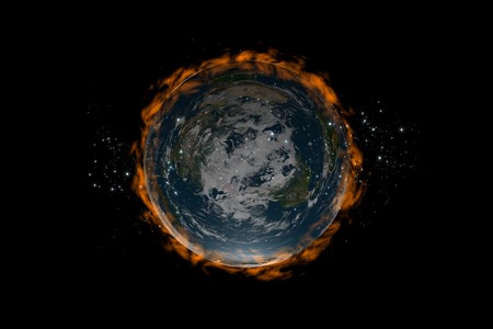 The old flat Earth inside stars and fire around in the black background, top view