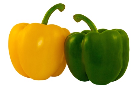 two, yellow and green peppers isolated on white backgroundの写真素材