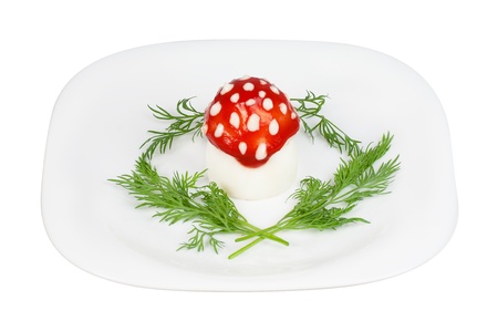 decoratively issued egg as a fly agaric with fresh fennelの写真素材