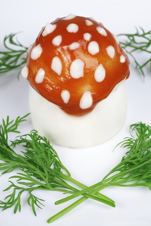 decoratively issued egg as a fly agaric with fresh fennelの写真素材