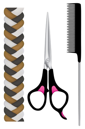hairstyling instruments, scissors and comb with plait from the hairsのイラスト素材