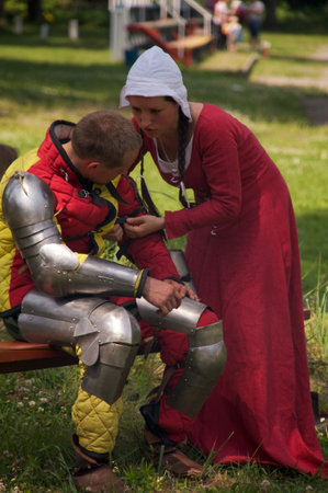 doctor with knight on celebration of 750 anniversary of Guryevsk (Neuhausen O.P.) on June 30, 2012 in Guryevsk, Kaliningradskaya oblast, Russiaのeditorial素材