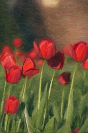 Spring Red Tulips in the Garden Closeup Paintingsの写真素材