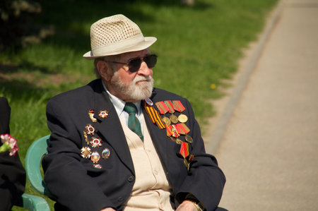 Kaliningrad, Russia - May 05, 2013 - veteran of the World War with his medals at street on during the victory celebrationのeditorial素材