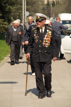 Kaliningrad, Russia - May 05, 2013 - veterans of the World War with medals walk at street on during the victory celebrationのeditorial素材
