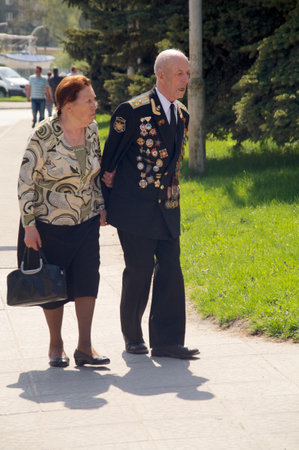 Kaliningrad, Russia - May 05, 2013 - veterans of the World War with his medals at street on during the victory celebrationのeditorial素材